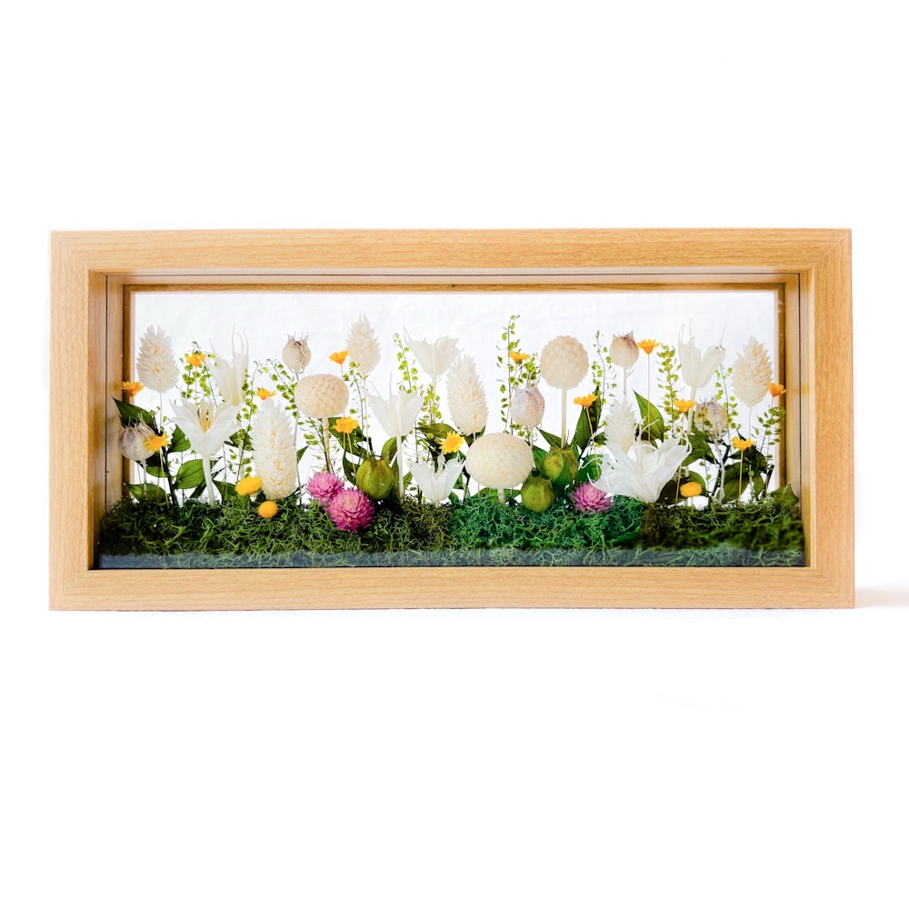 [ガラスフレームアレンジ/L]ナチュラルホワイトガーデン/ドライ・プリザーブドフラワー