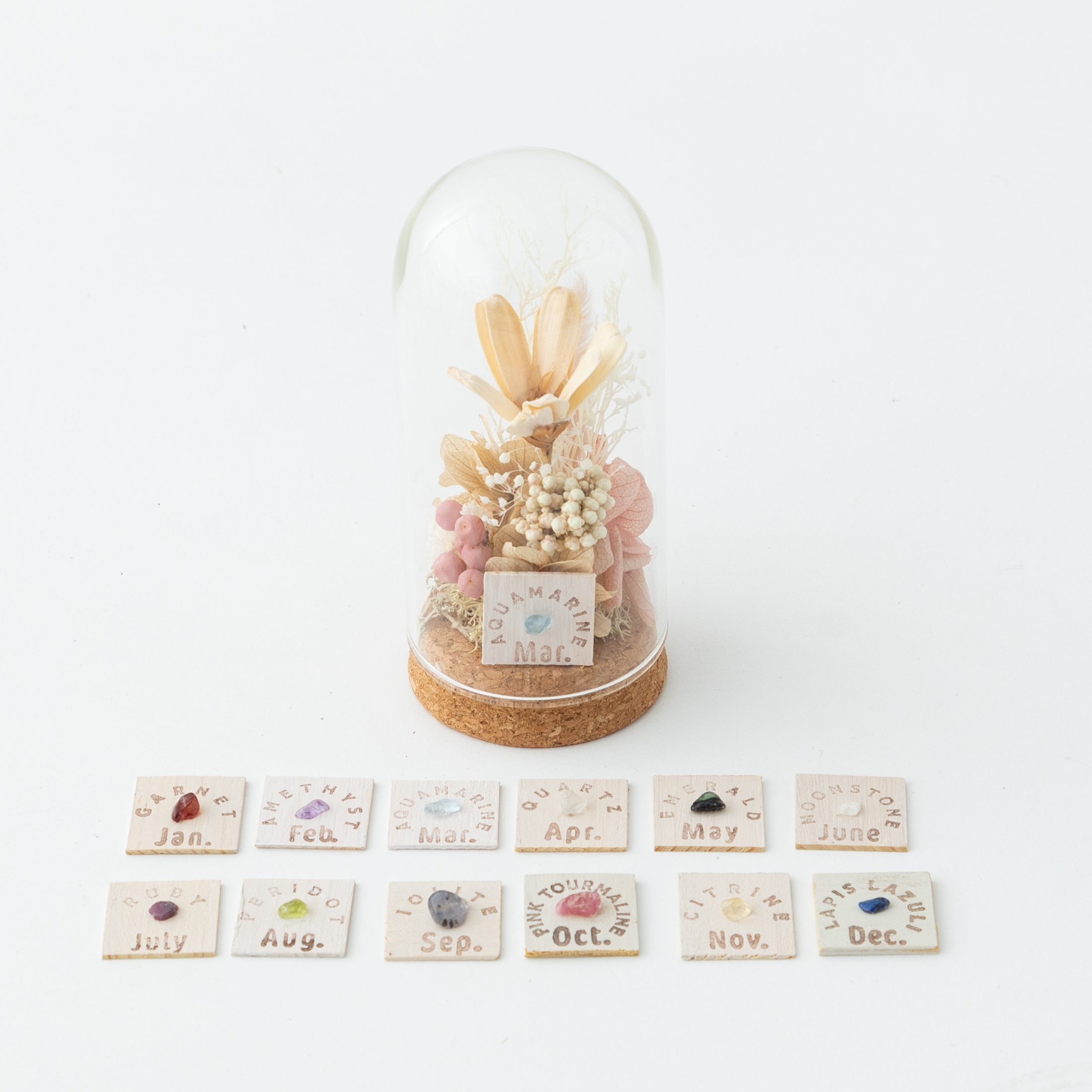 選べる誕生月の天然石 フラワードーム(S)と選べる揺れるフラワーモビール (3連) のインテリアセット