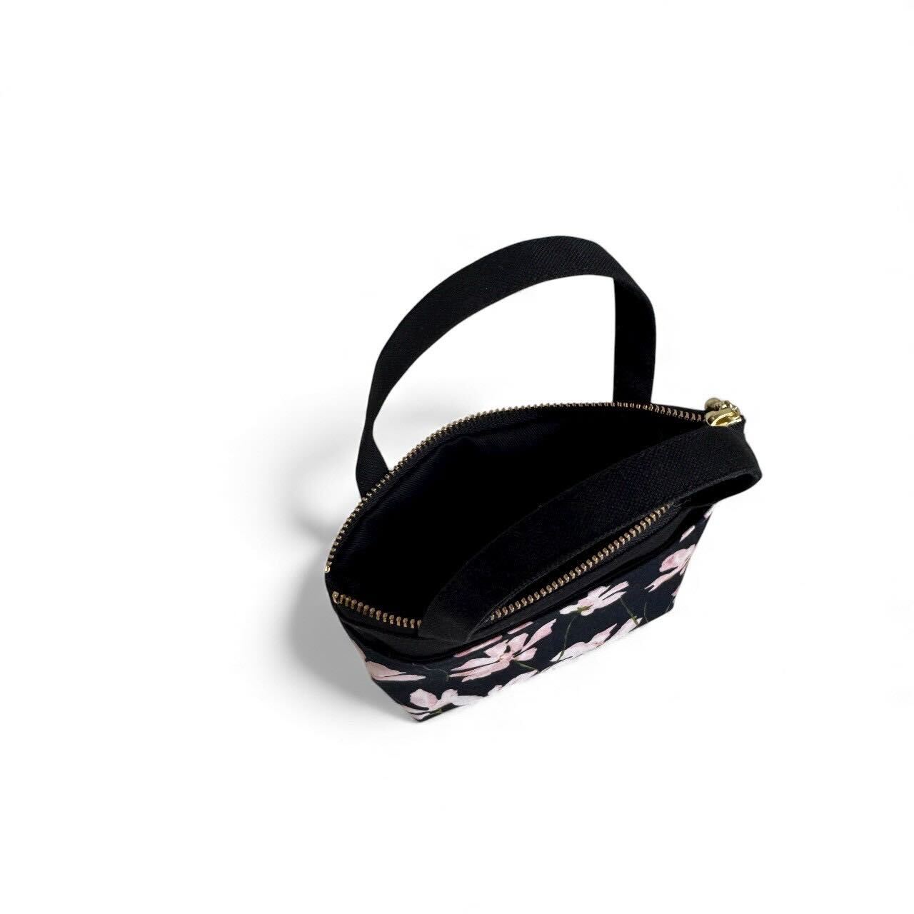 持ち手付きミニポーチ/フラワーブラック