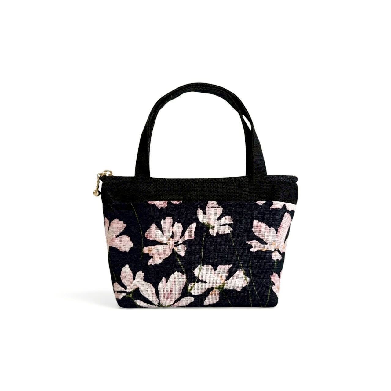 持ち手付きミニポーチ/フラワーブラック