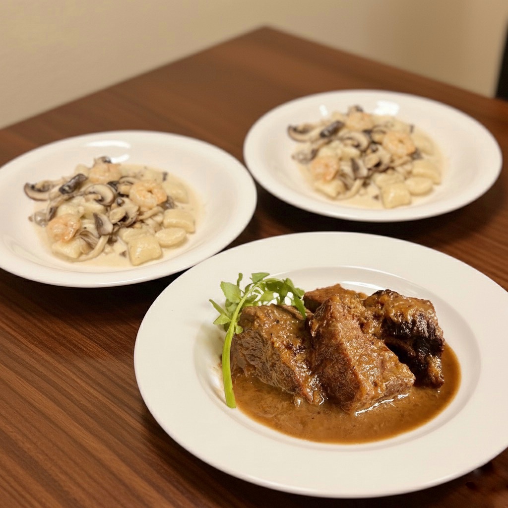 海老ときのこクリームソースニョッキ 2人前 ＋ 牛ほほ肉赤ワイン煮込み セット