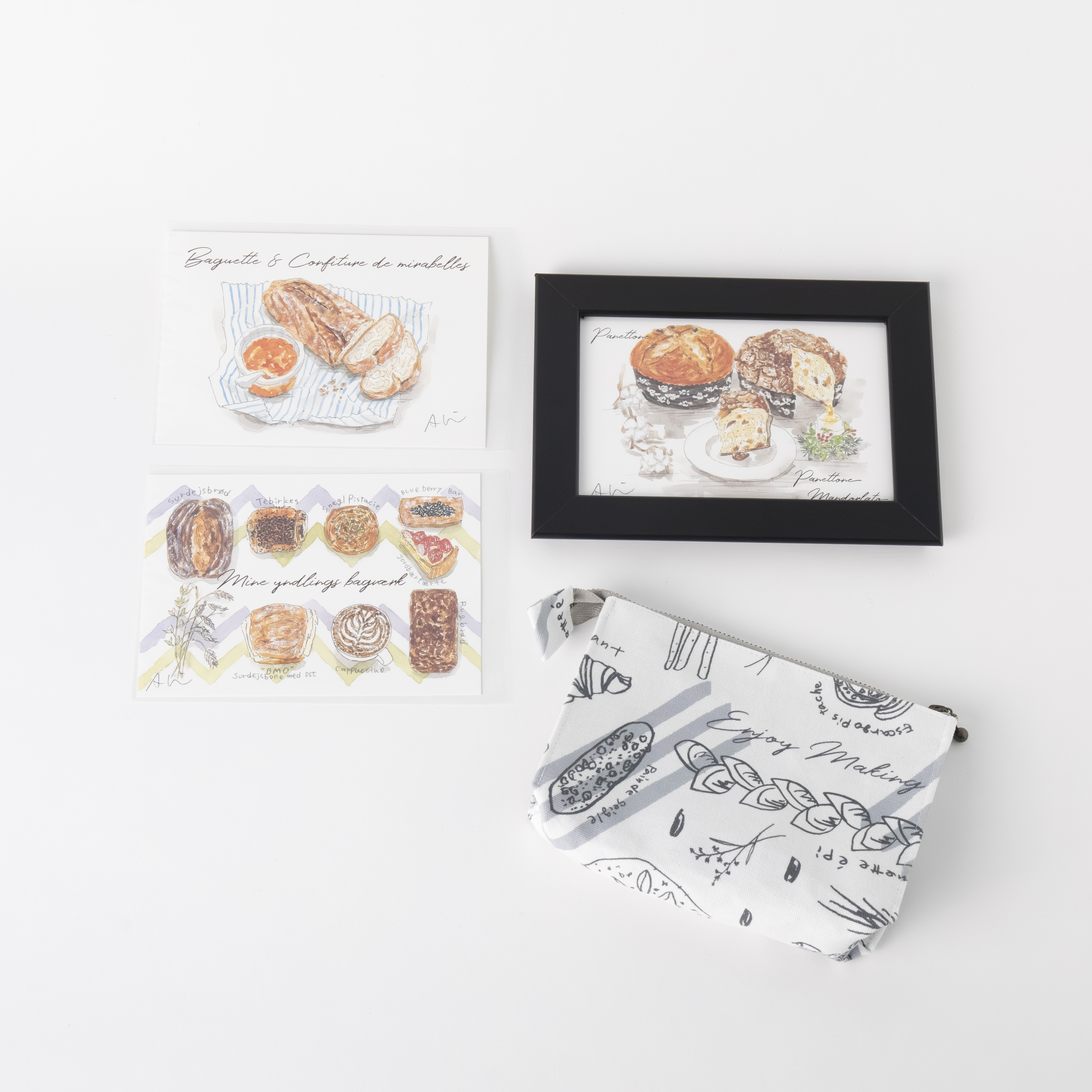 【パン好きミニギフト】
（パン柄ポーチ、パン柄ポストカード3種、額付き）