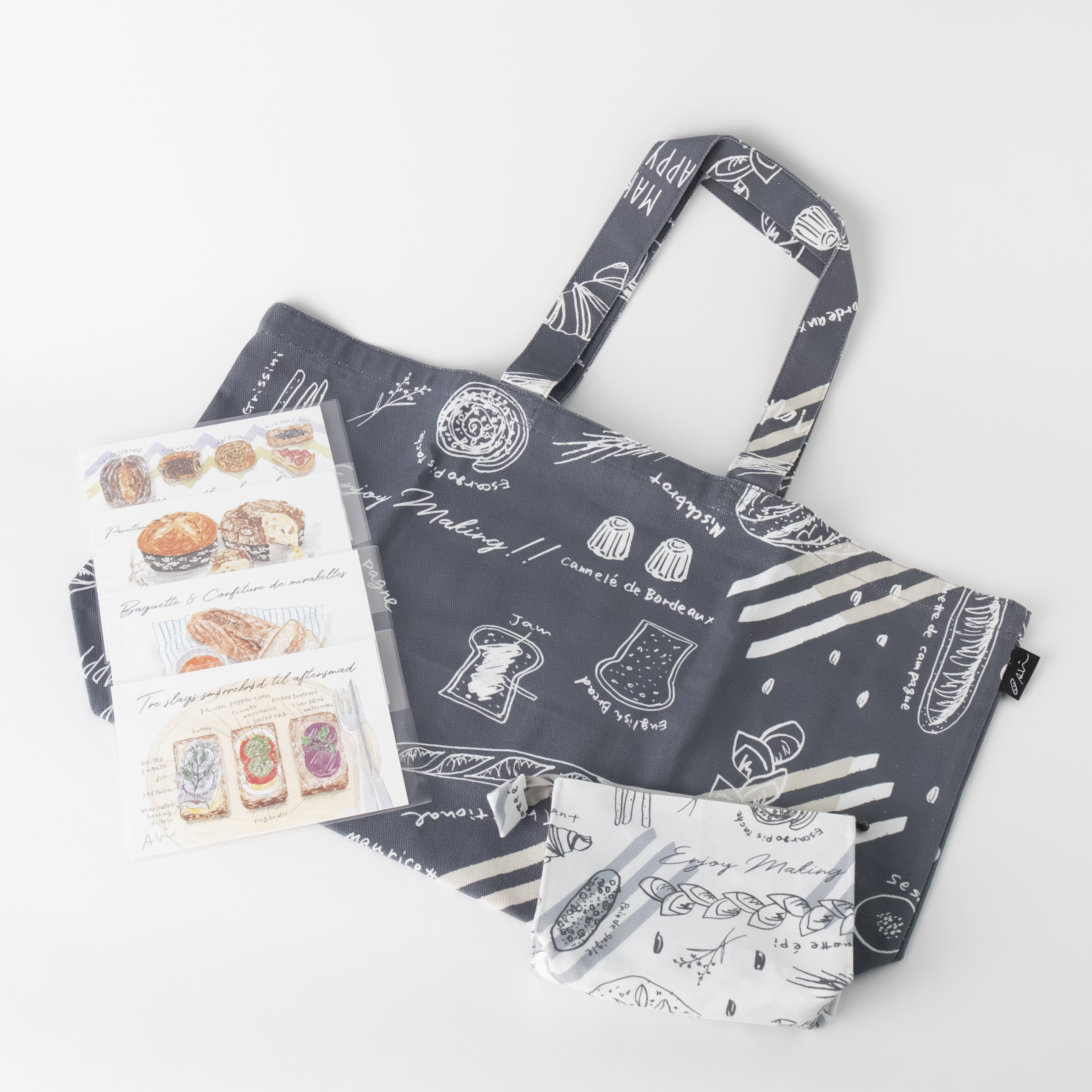 【パン柄モノトーンバッグセット】
（バッグ、ポーチ、ポストカード4枚セット）