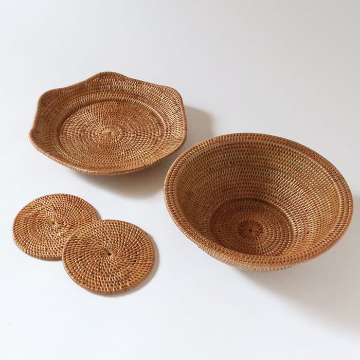 オリジナルギフトセット 伝統工芸アタ細工 かわいい編みかごとコースターセット