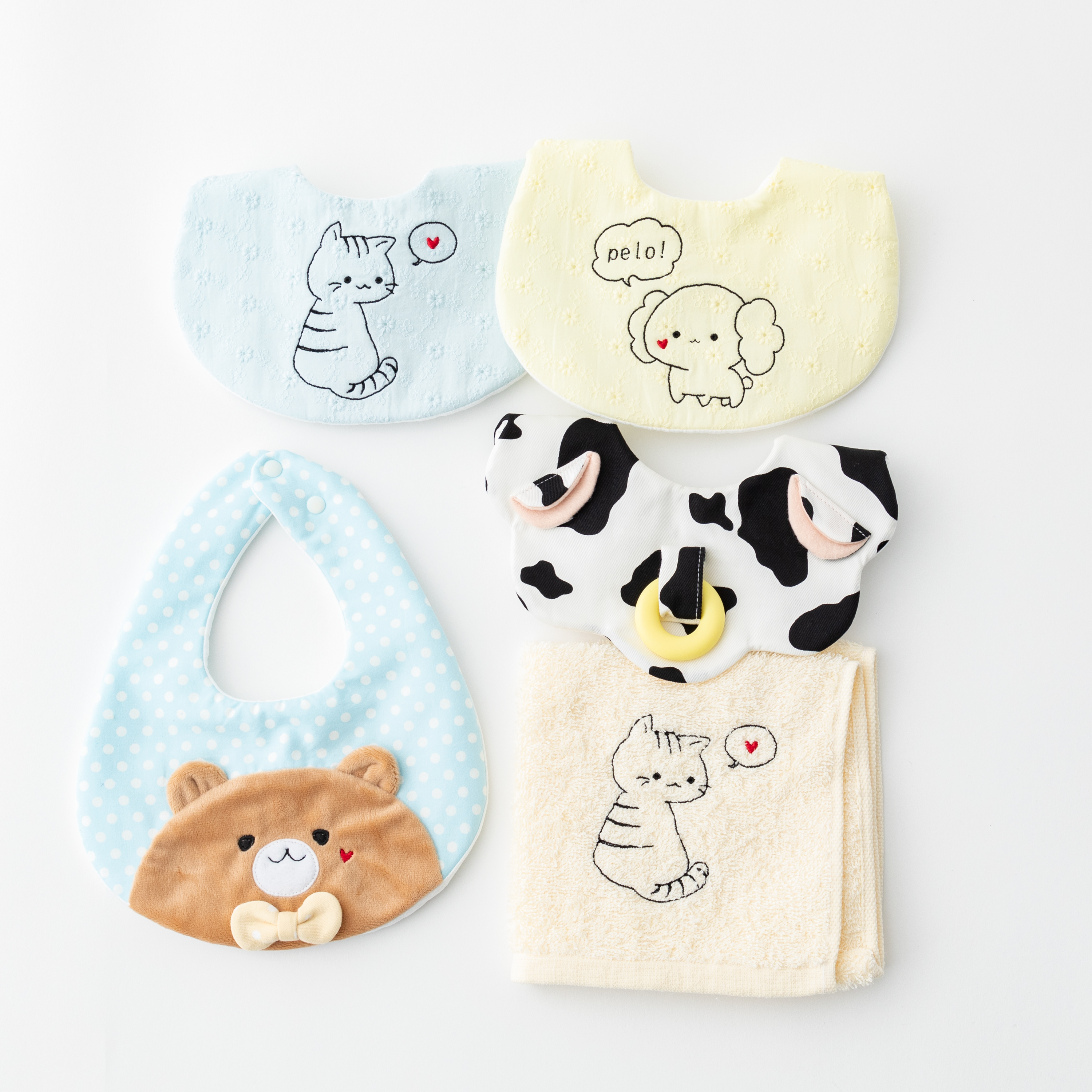 もふもふくまさんスタイ・万能クロス・歯固め付きスタイ・どうぶつ刺繍スタイ２枚　５点セット