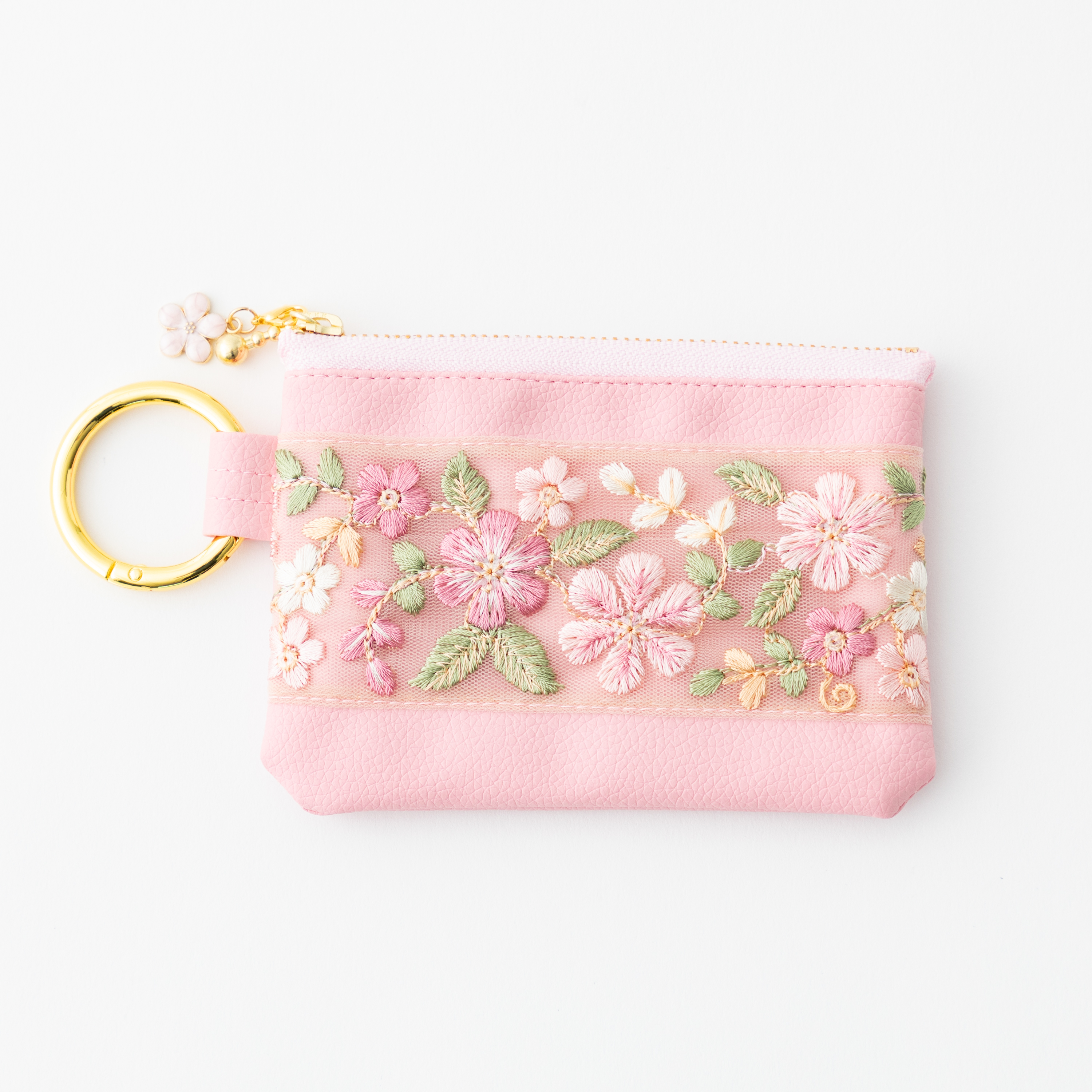 インド刺繍×エコレザー　ミニポーチ（桜）