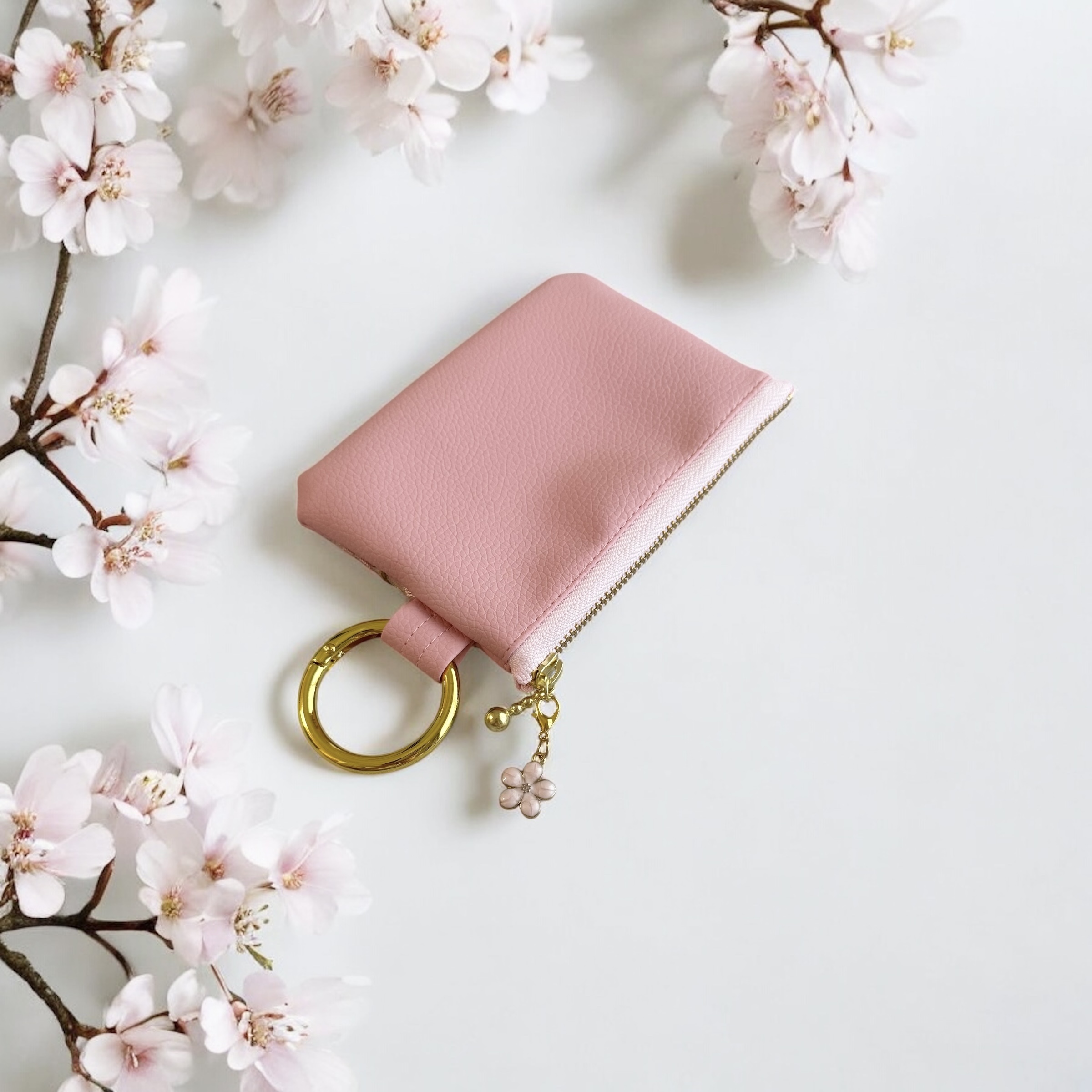 インド刺繍×エコレザー　ミニポーチ（桜）