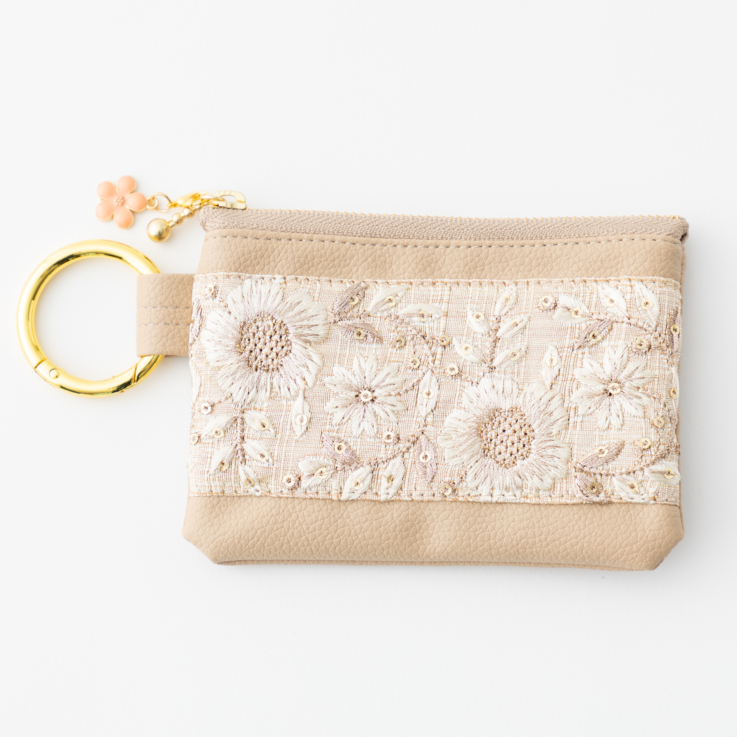 インド刺繍×エコレザー　ミニポーチ（シャンパンゴールドのお花）