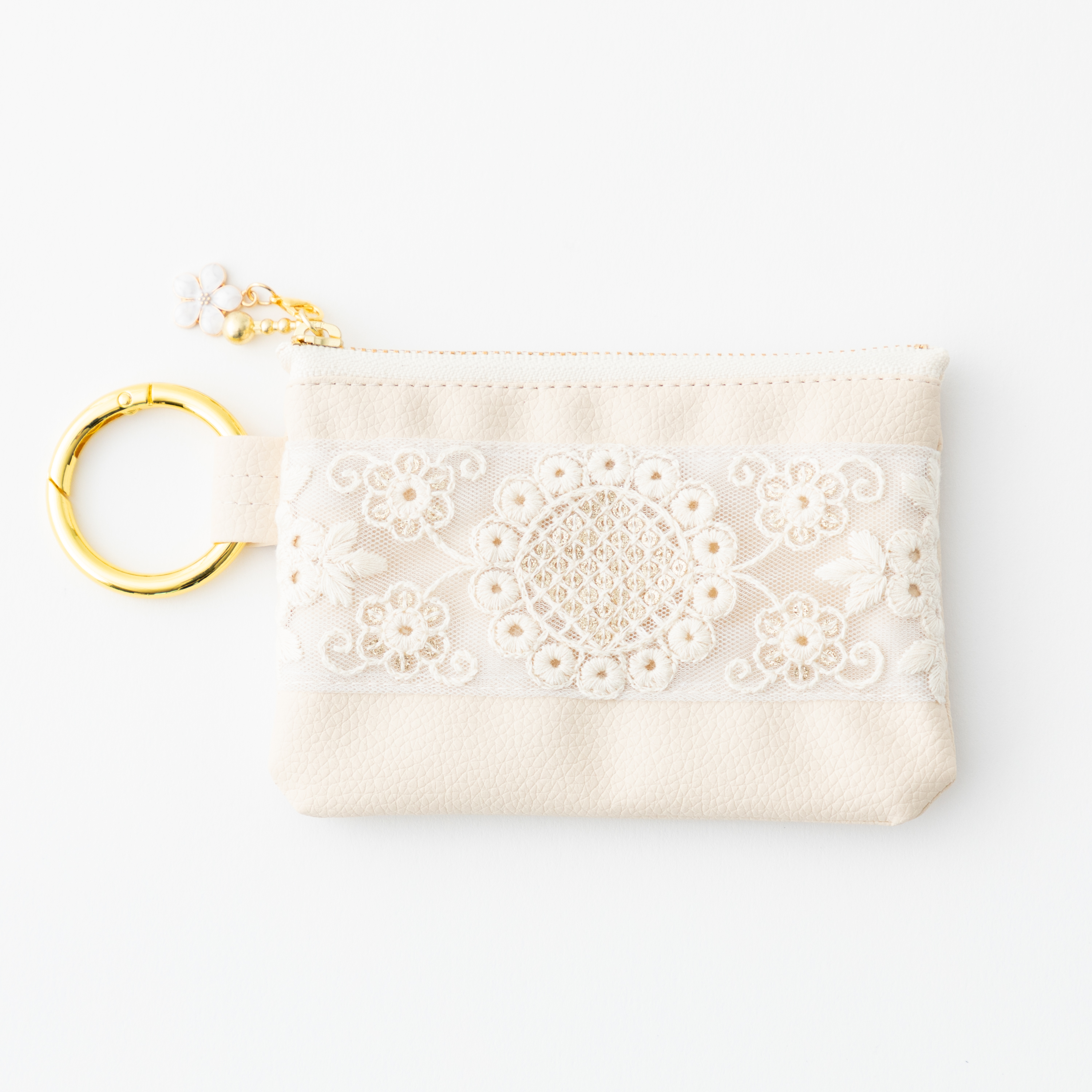 インド刺繍×エコレザー　ミニポーチ（ナチュラルフラワー）