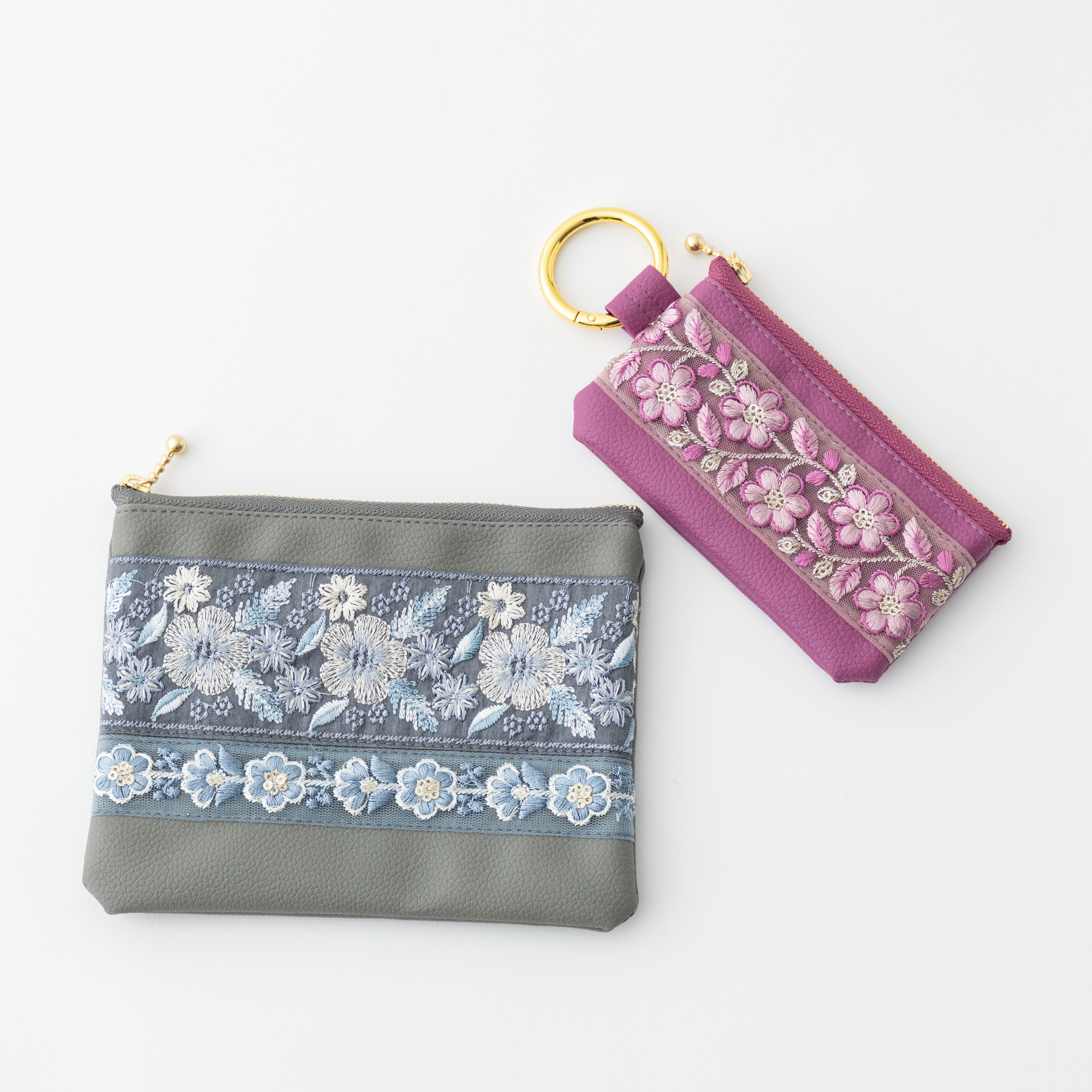 インド刺繍×エコレザー ポーチ2点セット（グレーフラワー×パープル）