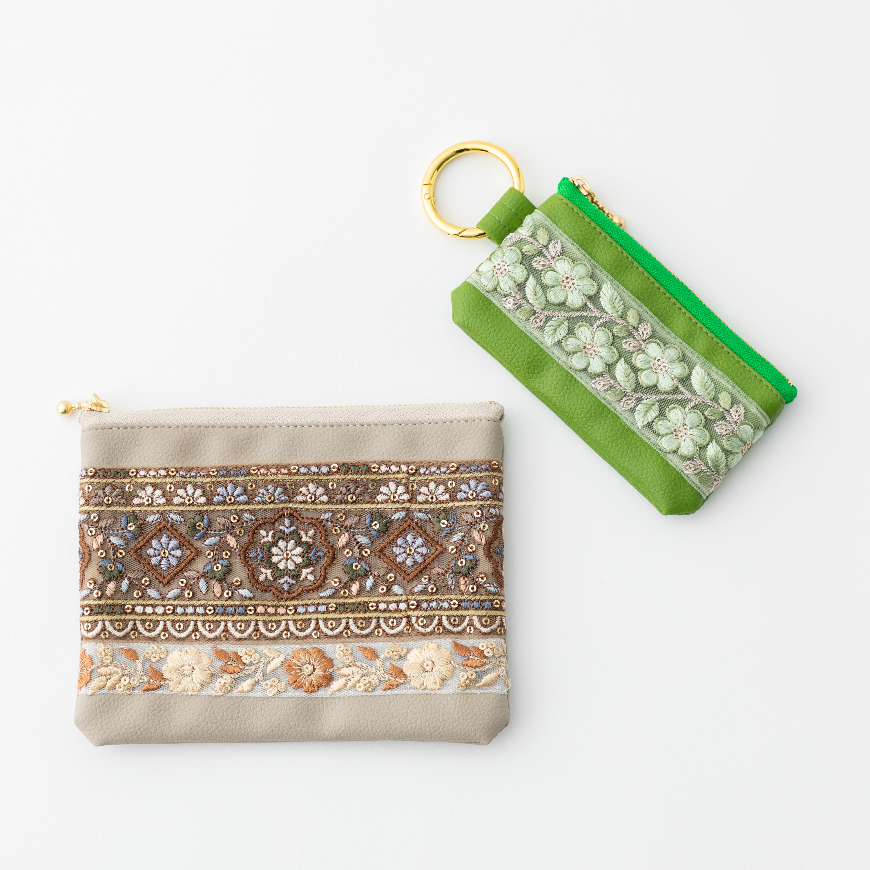 インド刺繍×エコレザー ポーチ2点セット（レトロフラワー×グリーン）