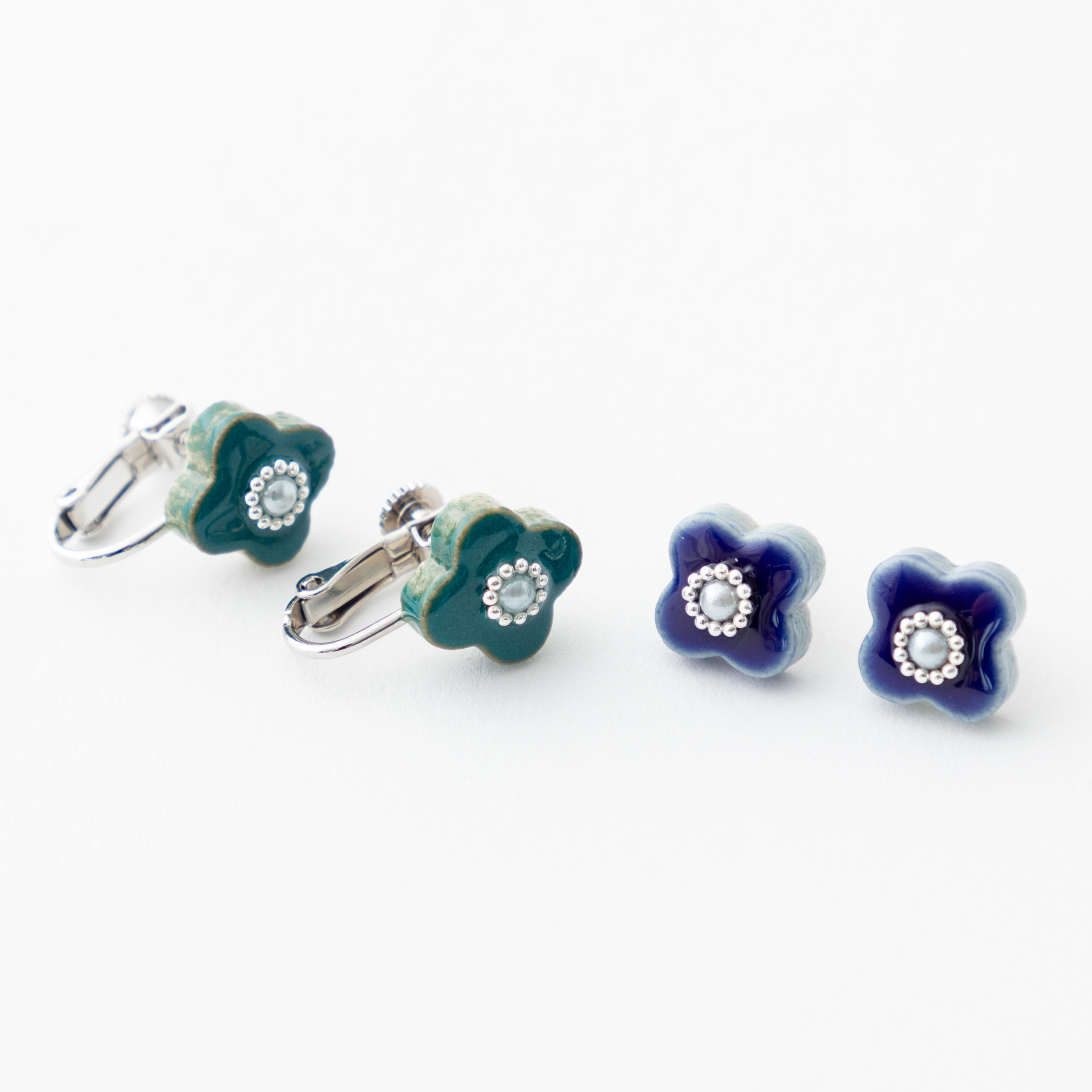 美濃焼 陶器 小花 パール イヤリング ピアス｜花色 ギフトボックス付き